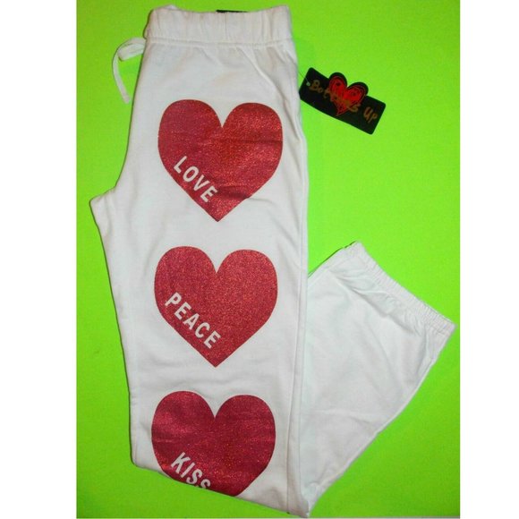 Bottoms Up "LOVE PEACE KISS" warm fleece Sweatpants with big red hearts S,M,L,XL - Picture 4 of 7